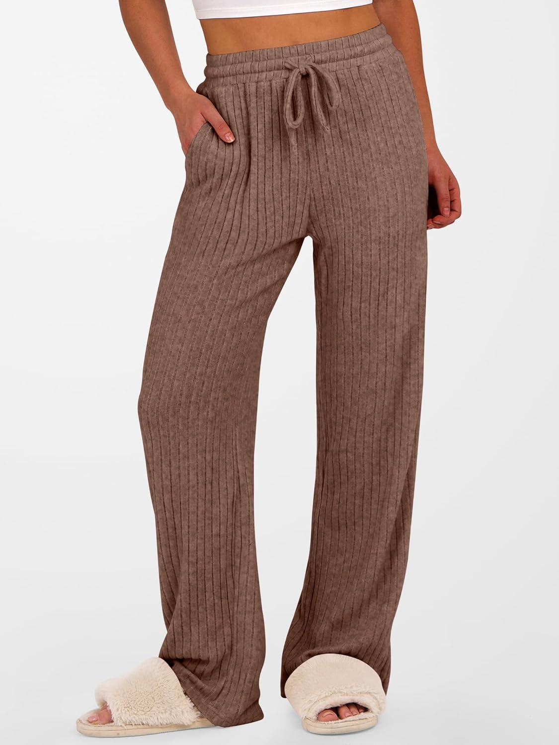 imageANRABESS Womens Ribbed Knit Lounge Pajama Pants Soft Fuzzy Comfy Straight Leg Drawstring Fall Loose Pj Bottoms with PocketsDark Brown