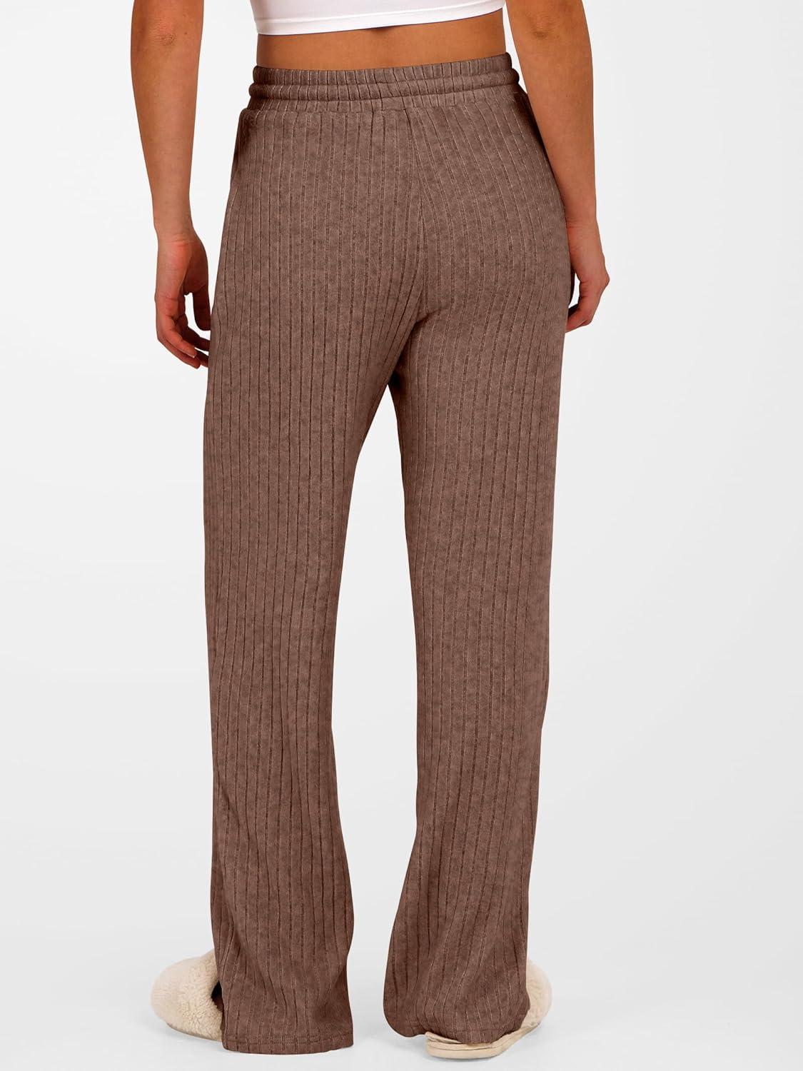 imageANRABESS Womens Ribbed Knit Lounge Pajama Pants Soft Fuzzy Comfy Straight Leg Drawstring Fall Loose Pj Bottoms with PocketsDark Brown