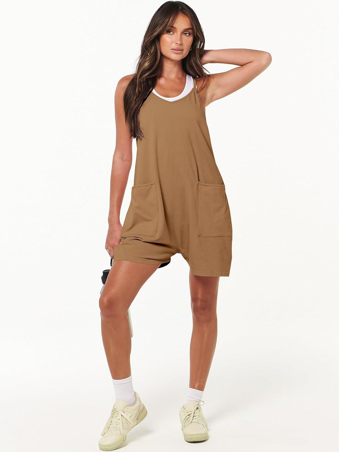 imageANRABESS Womens Rompers Summer Casual Loose Sleeveless Overalls Spaghetti Strap Shorts Jumpsuit 2025 Beach Vacation OutfitsBrown