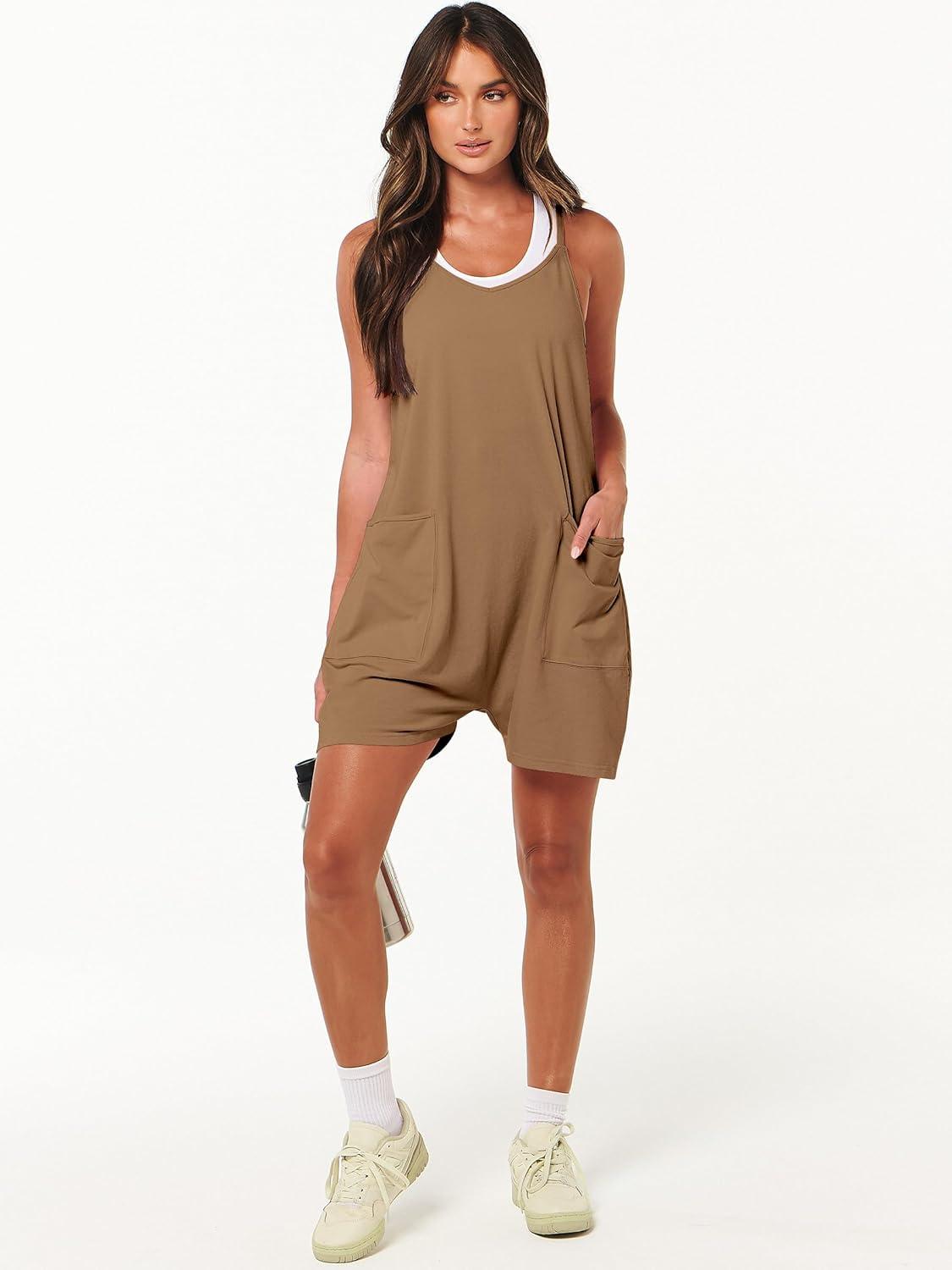 imageANRABESS Womens Rompers Summer Casual Loose Sleeveless Overalls Spaghetti Strap Shorts Jumpsuit 2025 Beach Vacation OutfitsBrown