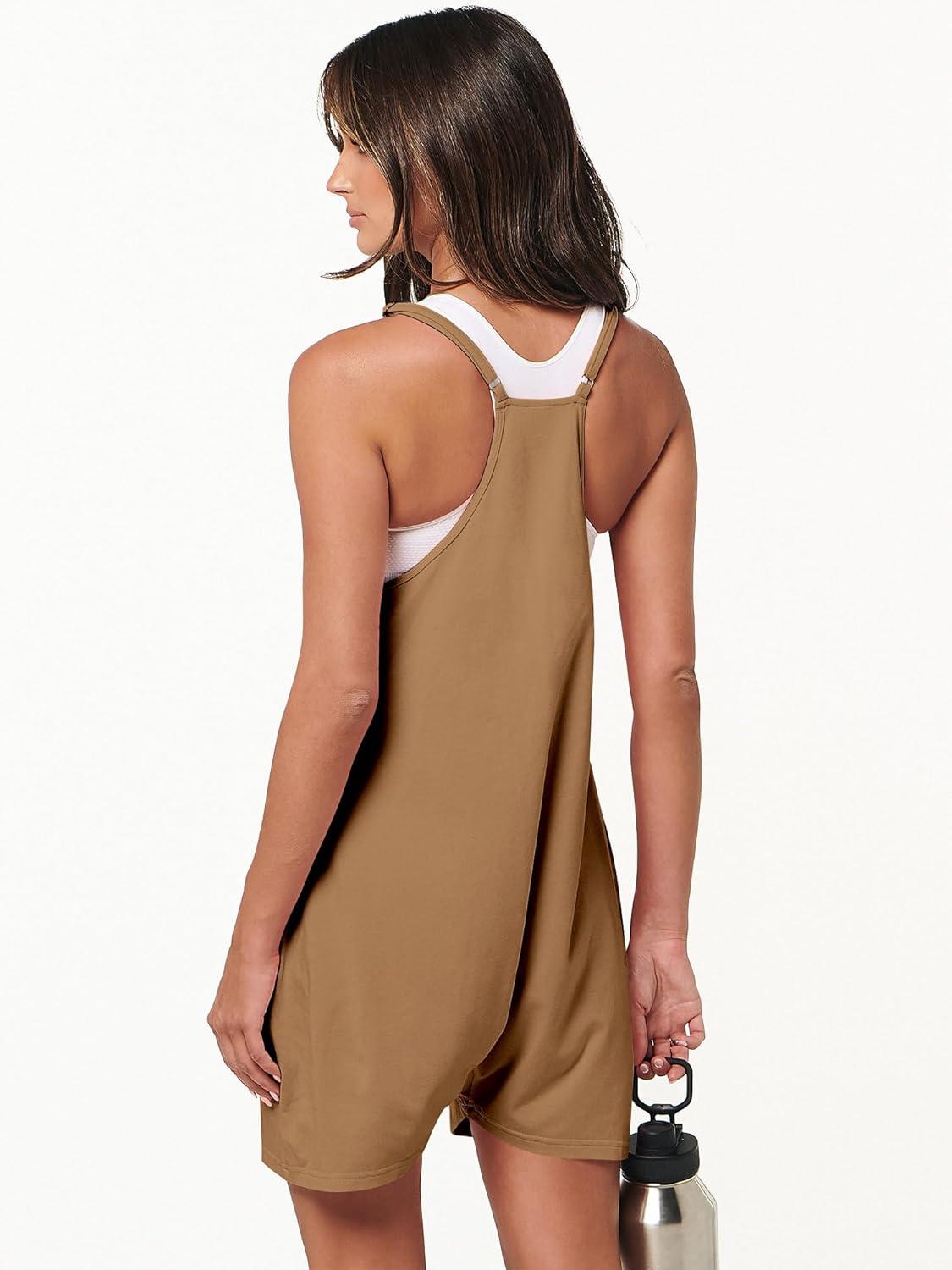 imageANRABESS Womens Rompers Summer Casual Loose Sleeveless Overalls Spaghetti Strap Shorts Jumpsuit 2025 Beach Vacation OutfitsBrown