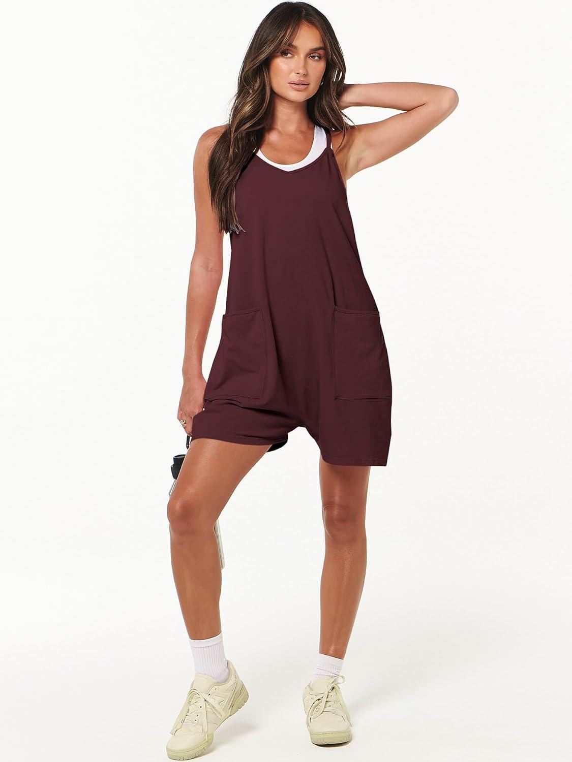 imageANRABESS Womens Rompers Summer Casual Loose Sleeveless Overalls Spaghetti Strap Shorts Jumpsuit 2025 Beach Vacation OutfitsBurgundy