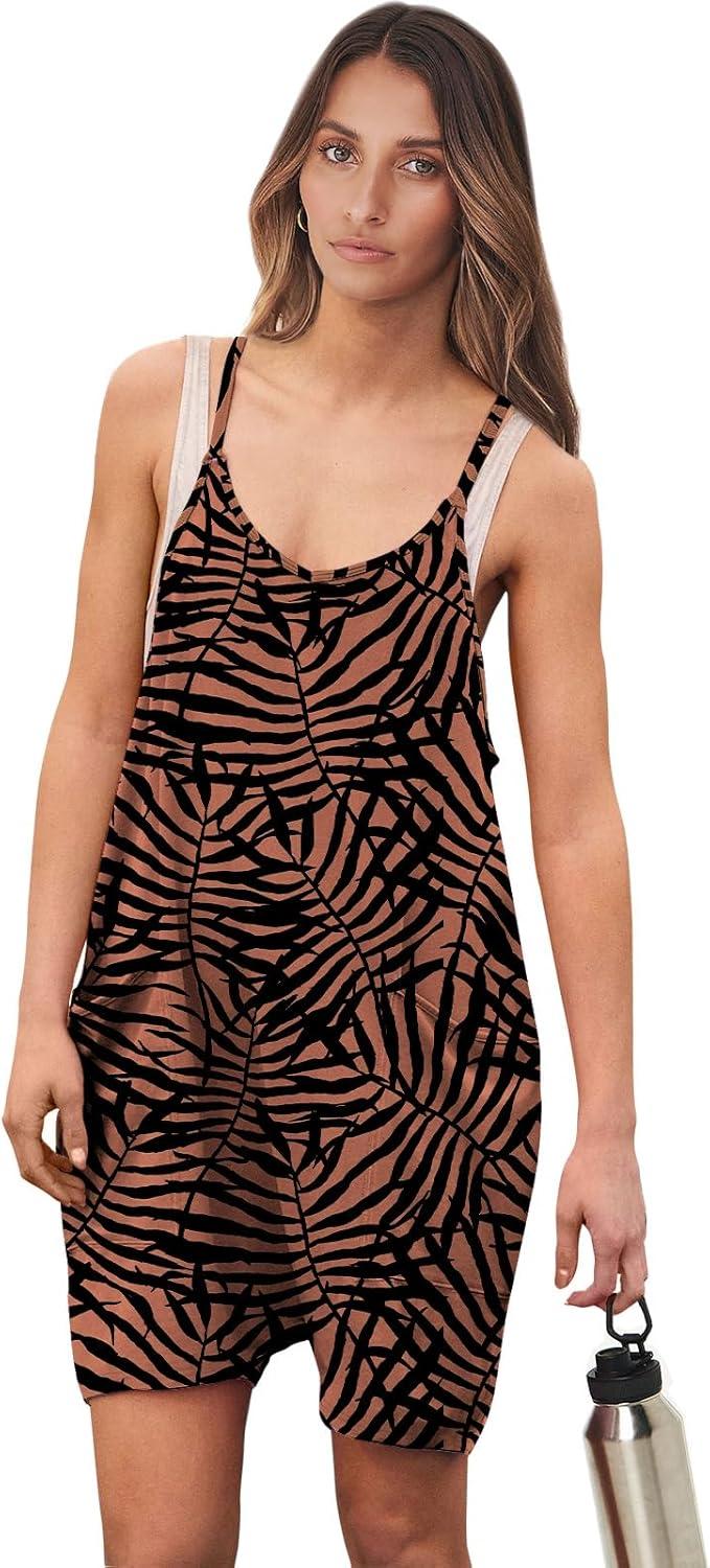 imageANRABESS Womens Rompers Summer Casual Loose Sleeveless Overalls Spaghetti Strap Shorts Jumpsuit 2025 Beach Vacation OutfitsStriped Black Leaves