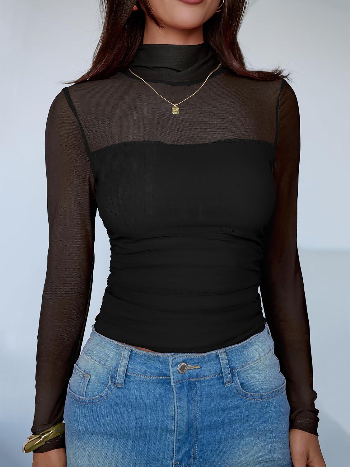 imageANRABESS Womens Sexy Mesh Long Sleeve Shirts Trendy Mock Neck Sheer Ruched Going Out Tops Fall Slim Fit Blouses 2025Black