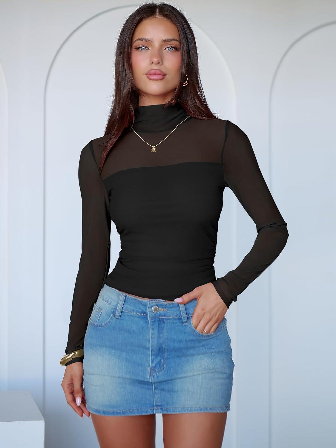 imageANRABESS Womens Sexy Mesh Long Sleeve Shirts Trendy Mock Neck Sheer Ruched Going Out Tops Fall Slim Fit Blouses 2025Black