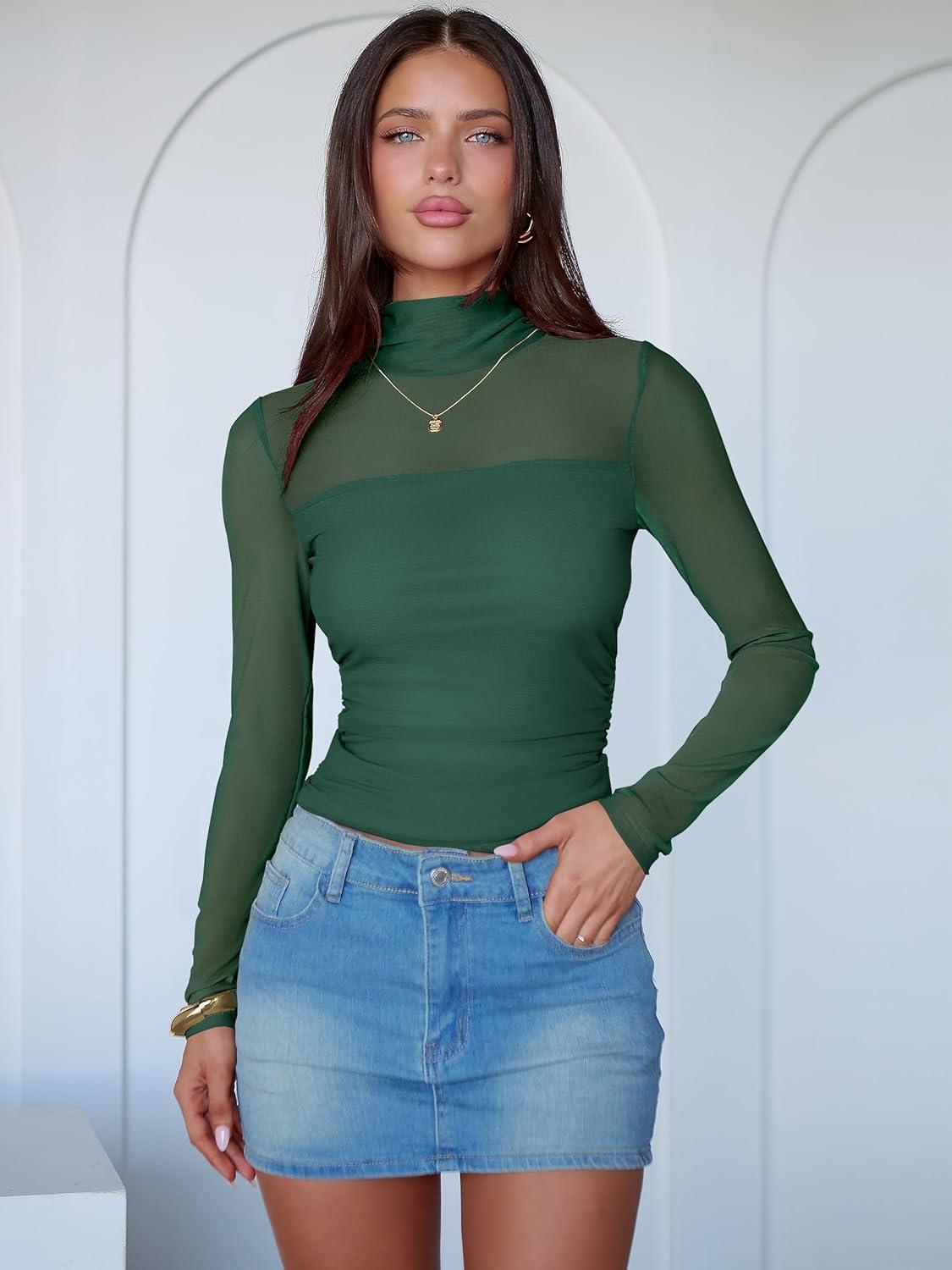 imageANRABESS Womens Sexy Mesh Long Sleeve Shirts Trendy Mock Neck Sheer Ruched Going Out Tops Fall Slim Fit Blouses 2025Deep Green
