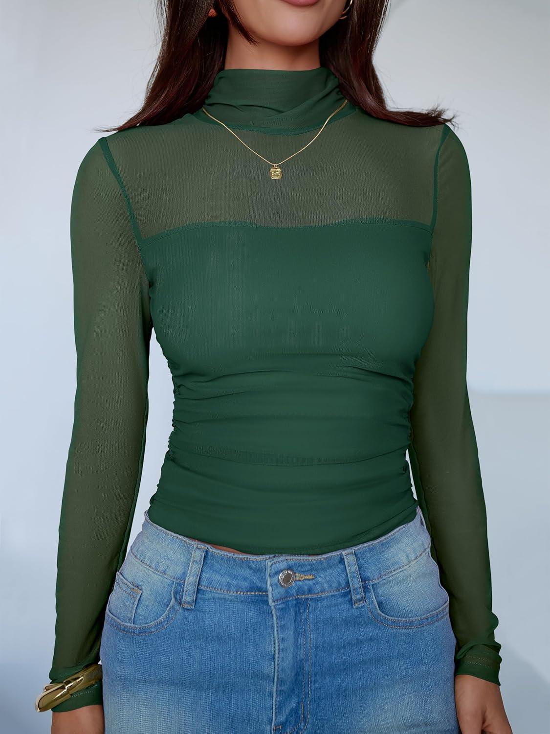 imageANRABESS Womens Sexy Mesh Long Sleeve Shirts Trendy Mock Neck Sheer Ruched Going Out Tops Fall Slim Fit Blouses 2025Deep Green