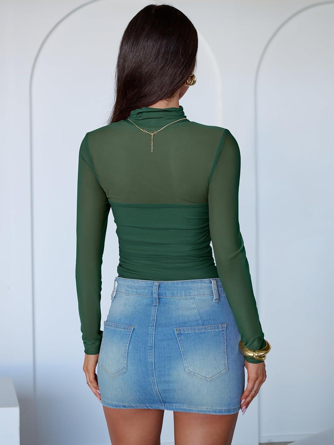 imageANRABESS Womens Sexy Mesh Long Sleeve Shirts Trendy Mock Neck Sheer Ruched Going Out Tops Fall Slim Fit Blouses 2025Deep Green