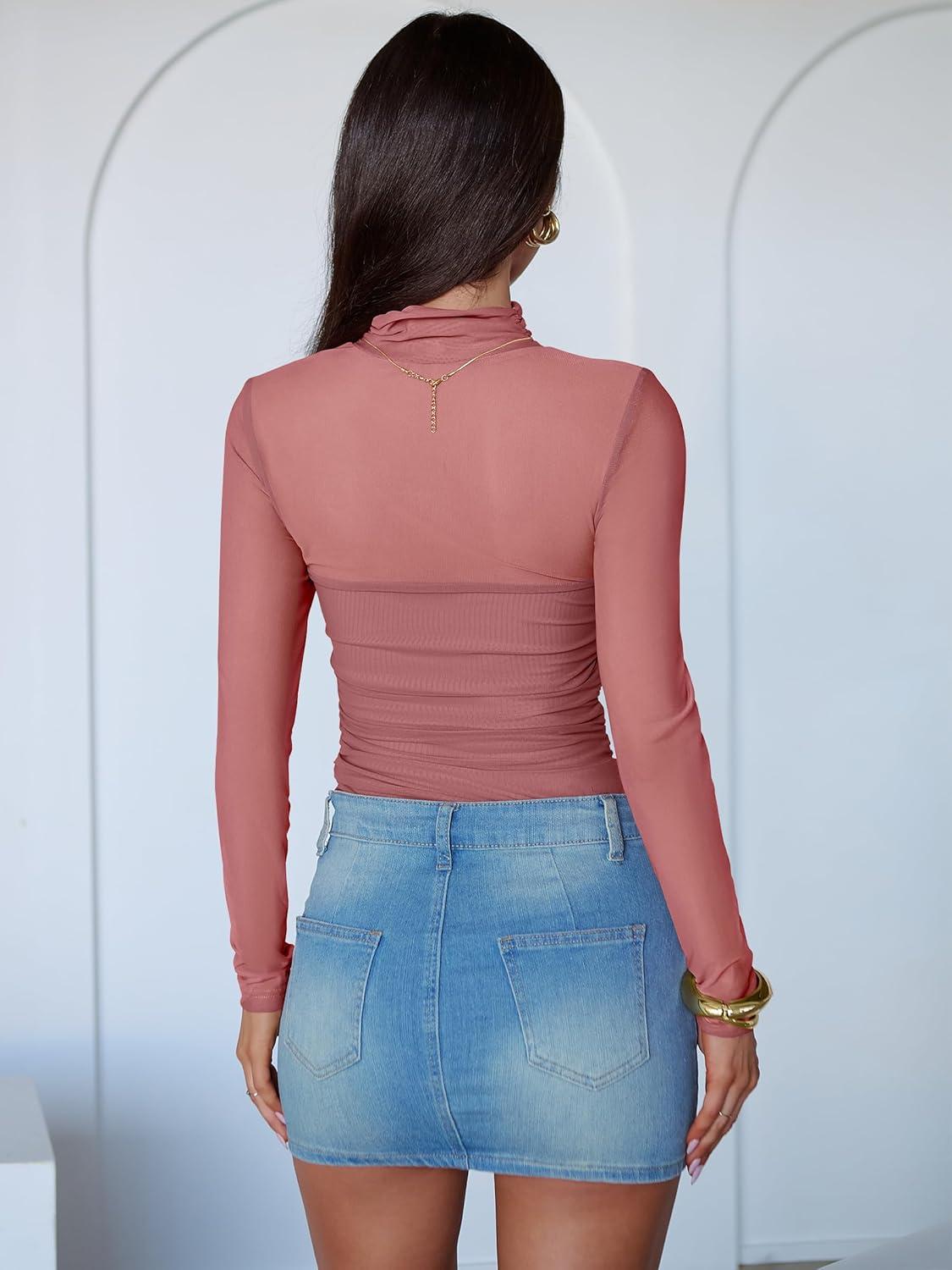 imageANRABESS Womens Sexy Mesh Long Sleeve Shirts Trendy Mock Neck Sheer Ruched Going Out Tops Fall Slim Fit Blouses 2025Dusty Pink