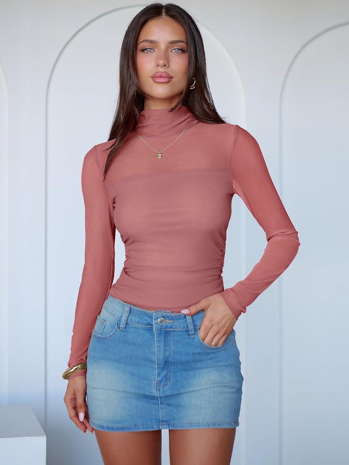 imageANRABESS Womens Sexy Mesh Long Sleeve Shirts Trendy Mock Neck Sheer Ruched Going Out Tops Fall Slim Fit Blouses 2025Dusty Pink