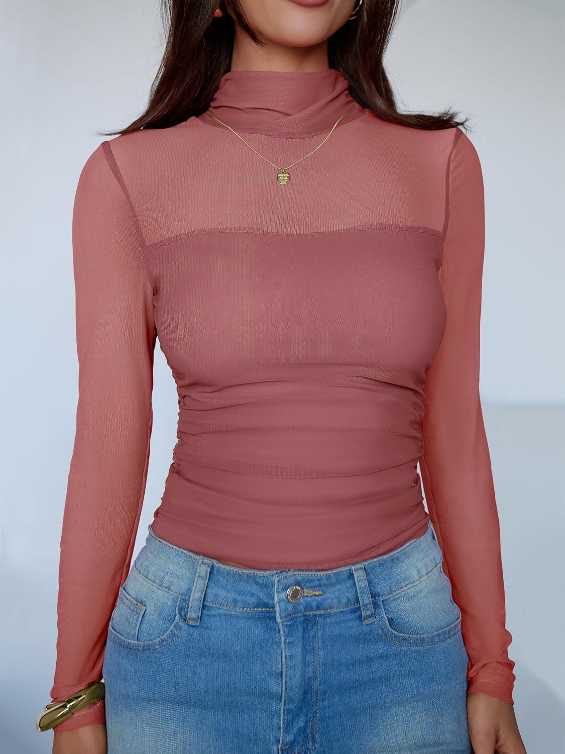 imageANRABESS Womens Sexy Mesh Long Sleeve Shirts Trendy Mock Neck Sheer Ruched Going Out Tops Fall Slim Fit Blouses 2025Dusty Pink
