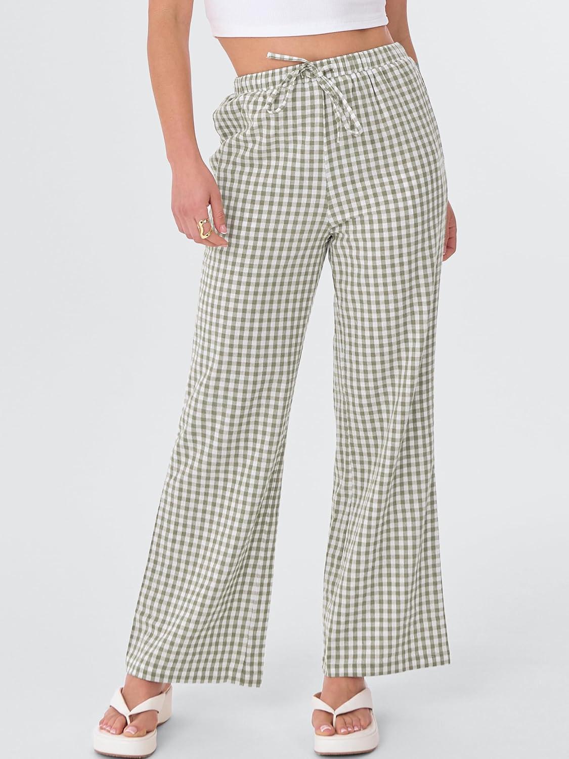 imageANRABESS Womens Striped Gingham Pants 2025 Fall Pajama Lounge Boxer Pants Casual Wide Leg Drawstring PJ Bottoms TrousersArmy Green White Plaid