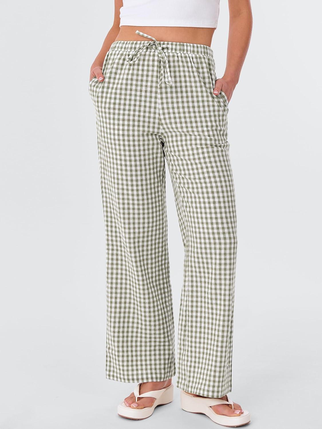 imageANRABESS Womens Striped Gingham Pants 2025 Fall Pajama Lounge Boxer Pants Casual Wide Leg Drawstring PJ Bottoms TrousersArmy Green White Plaid