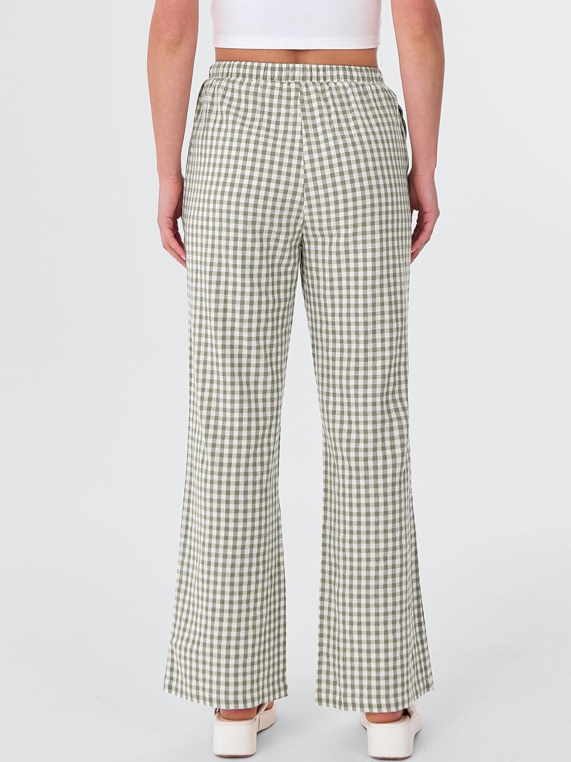 imageANRABESS Womens Striped Gingham Pants 2025 Fall Pajama Lounge Boxer Pants Casual Wide Leg Drawstring PJ Bottoms TrousersArmy Green White Plaid