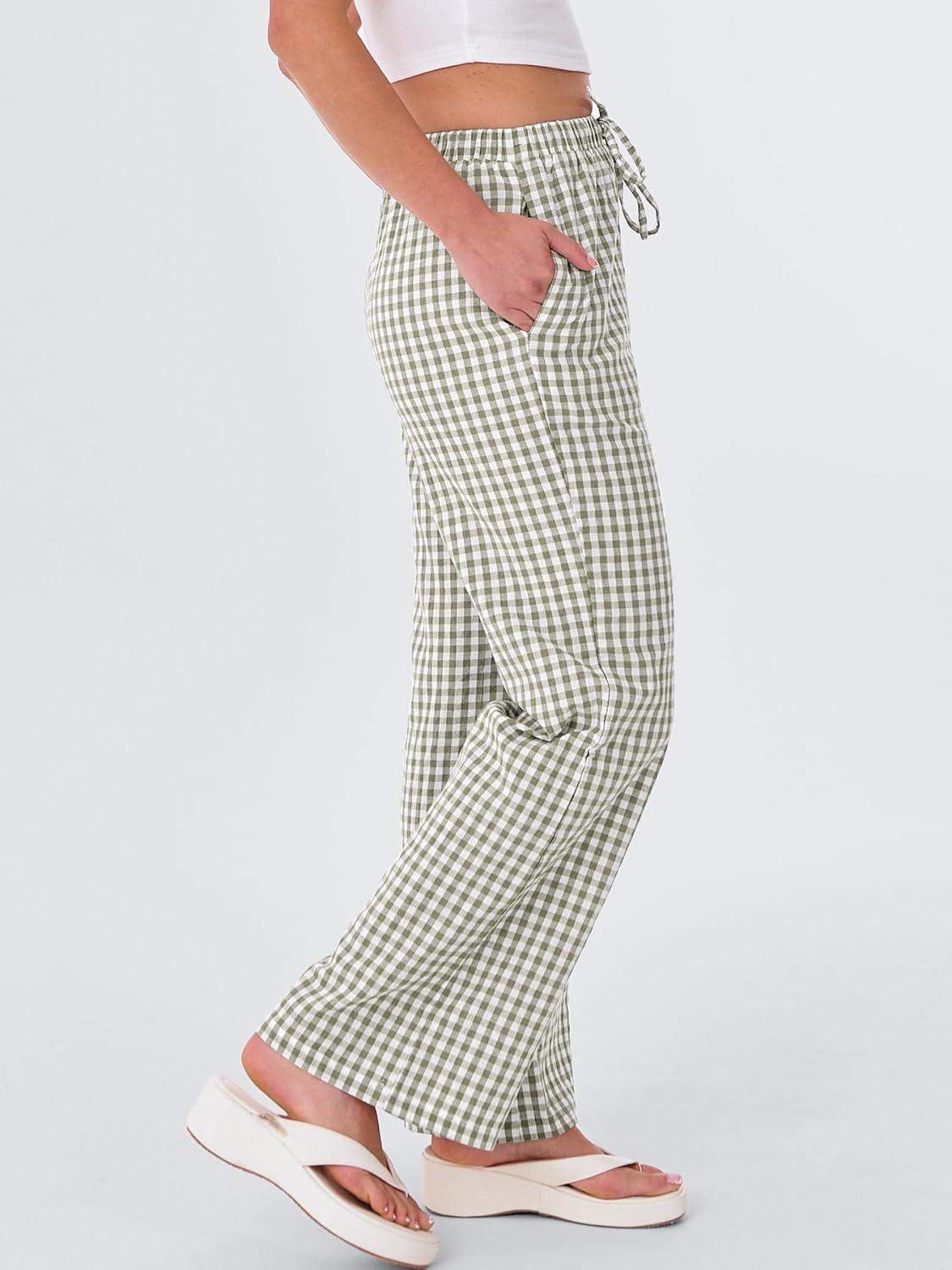 imageANRABESS Womens Striped Gingham Pants 2025 Fall Pajama Lounge Boxer Pants Casual Wide Leg Drawstring PJ Bottoms TrousersArmy Green White Plaid