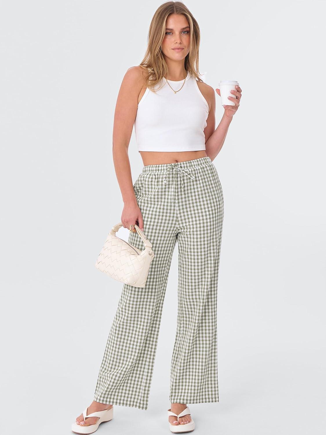 imageANRABESS Womens Striped Gingham Pants 2025 Fall Pajama Lounge Boxer Pants Casual Wide Leg Drawstring PJ Bottoms TrousersArmy Green White Plaid