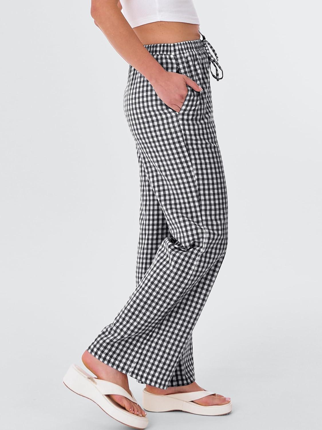 imageANRABESS Womens Striped Gingham Pants 2025 Fall Pajama Lounge Boxer Pants Casual Wide Leg Drawstring PJ Bottoms TrousersBlack White Plaid