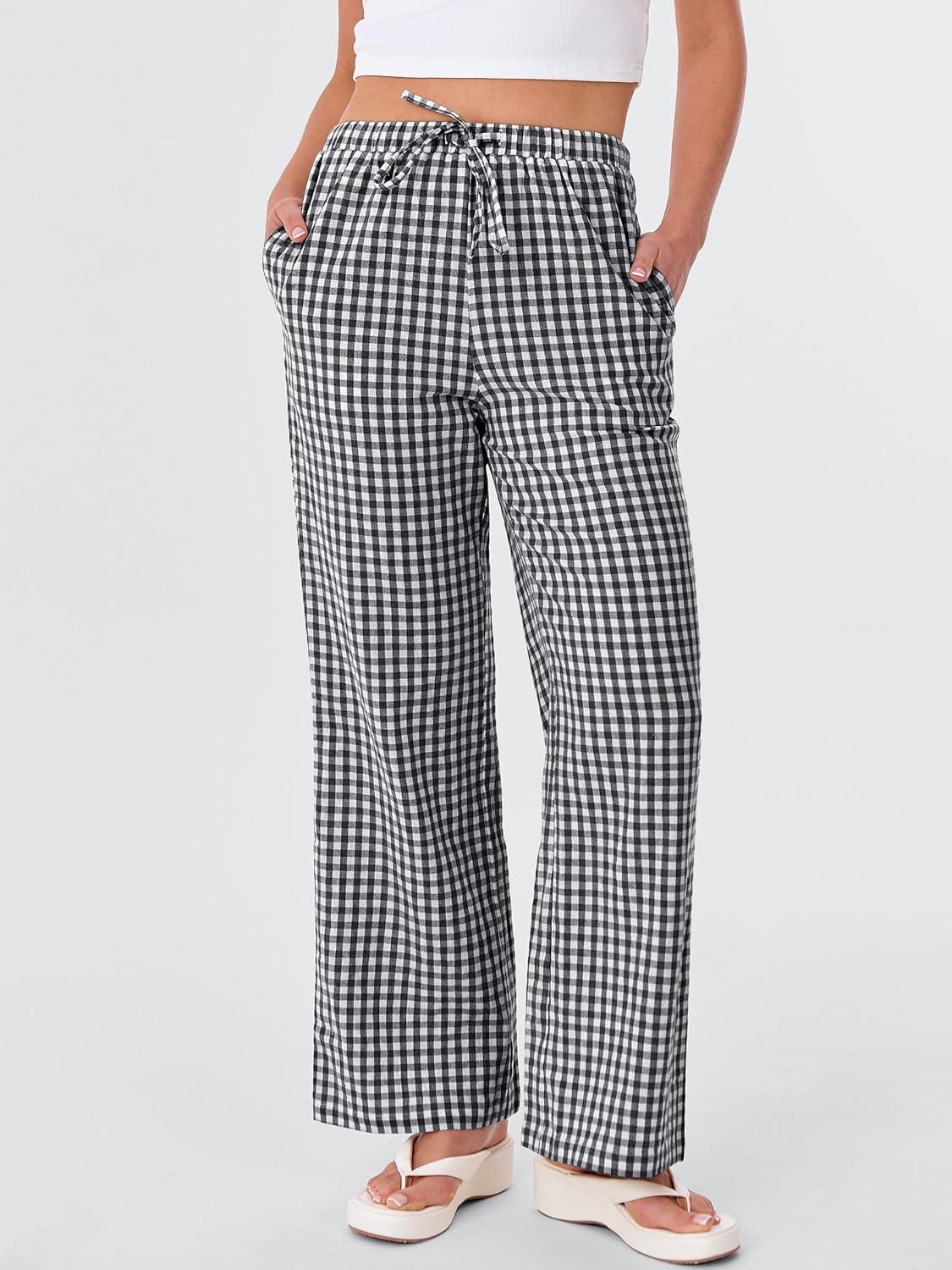 imageANRABESS Womens Striped Gingham Pants 2025 Fall Pajama Lounge Boxer Pants Casual Wide Leg Drawstring PJ Bottoms TrousersBlack White Plaid