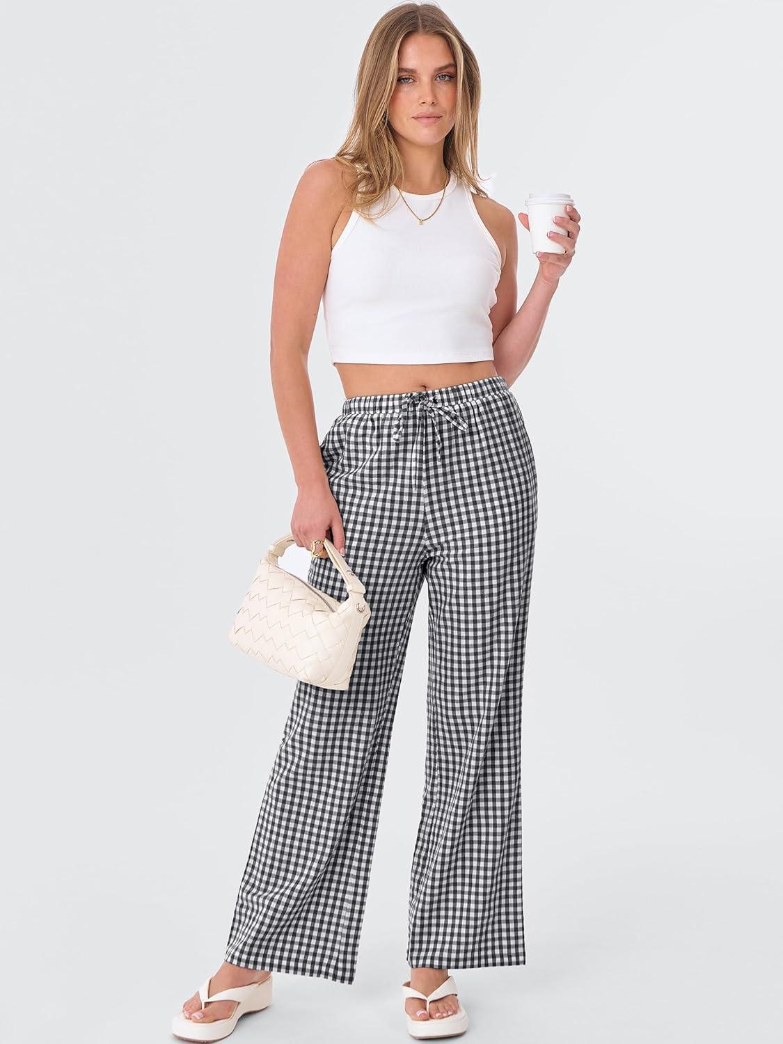 imageANRABESS Womens Striped Gingham Pants 2025 Fall Pajama Lounge Boxer Pants Casual Wide Leg Drawstring PJ Bottoms TrousersBlack White Plaid