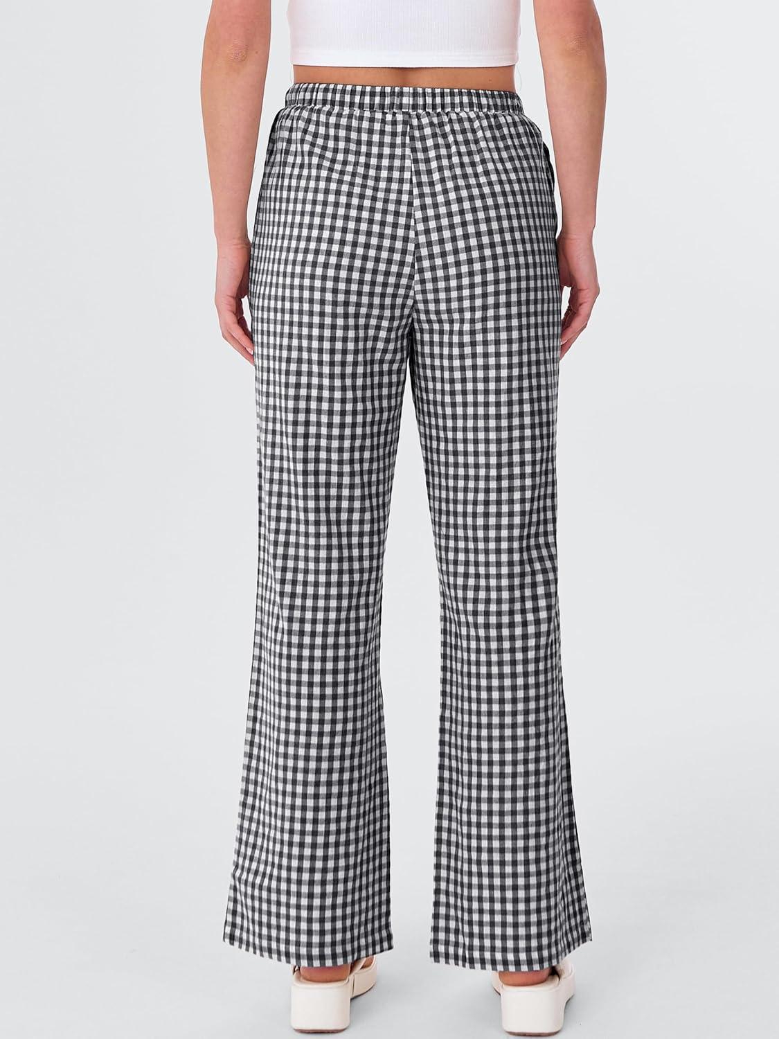 imageANRABESS Womens Striped Gingham Pants 2025 Fall Pajama Lounge Boxer Pants Casual Wide Leg Drawstring PJ Bottoms TrousersBlack White Plaid