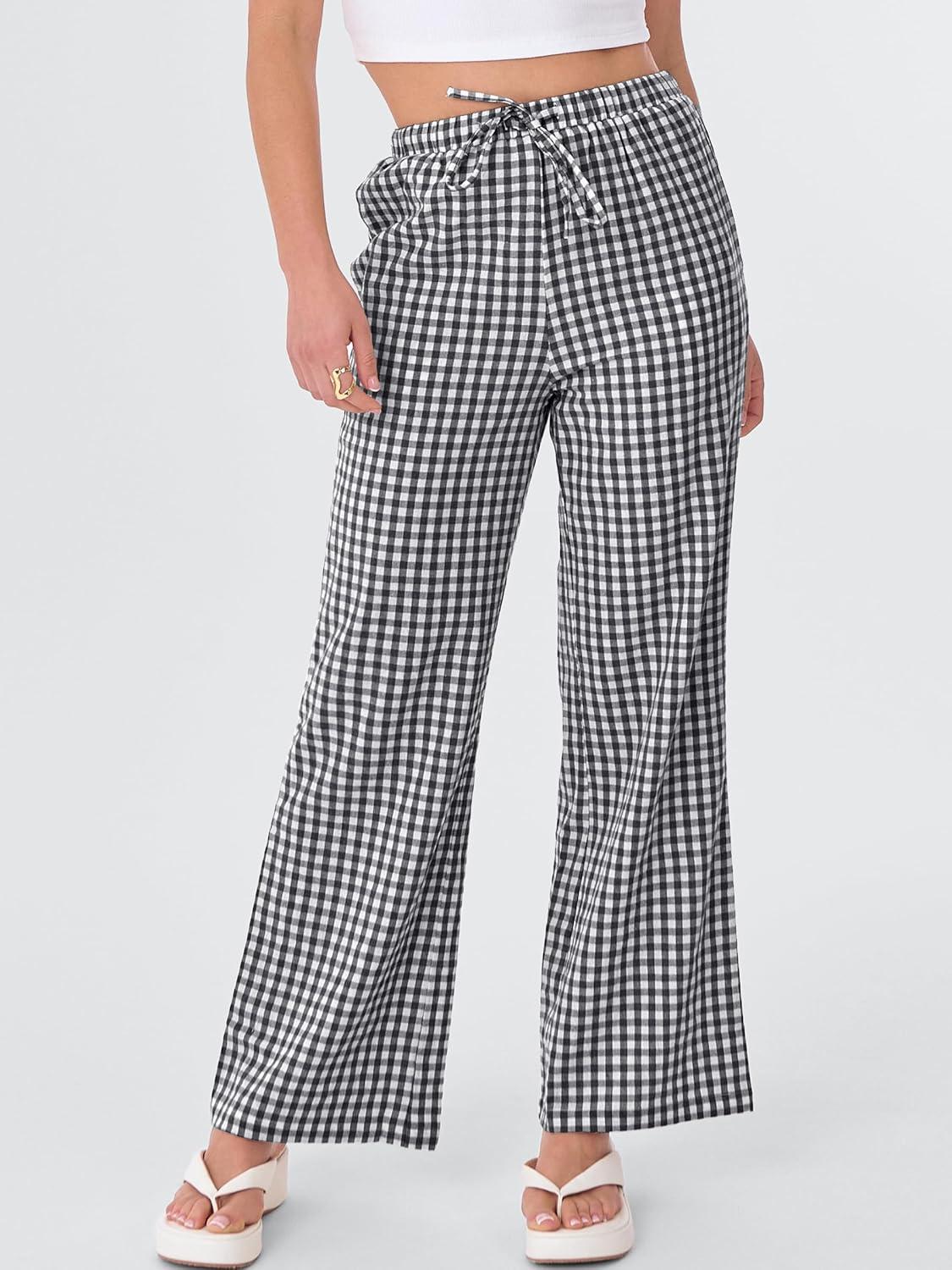 imageANRABESS Womens Striped Gingham Pants 2025 Fall Pajama Lounge Boxer Pants Casual Wide Leg Drawstring PJ Bottoms TrousersBlack White Plaid