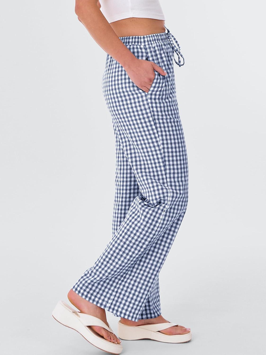 imageANRABESS Womens Striped Gingham Pants 2025 Fall Pajama Lounge Boxer Pants Casual Wide Leg Drawstring PJ Bottoms TrousersBlue White Plaid