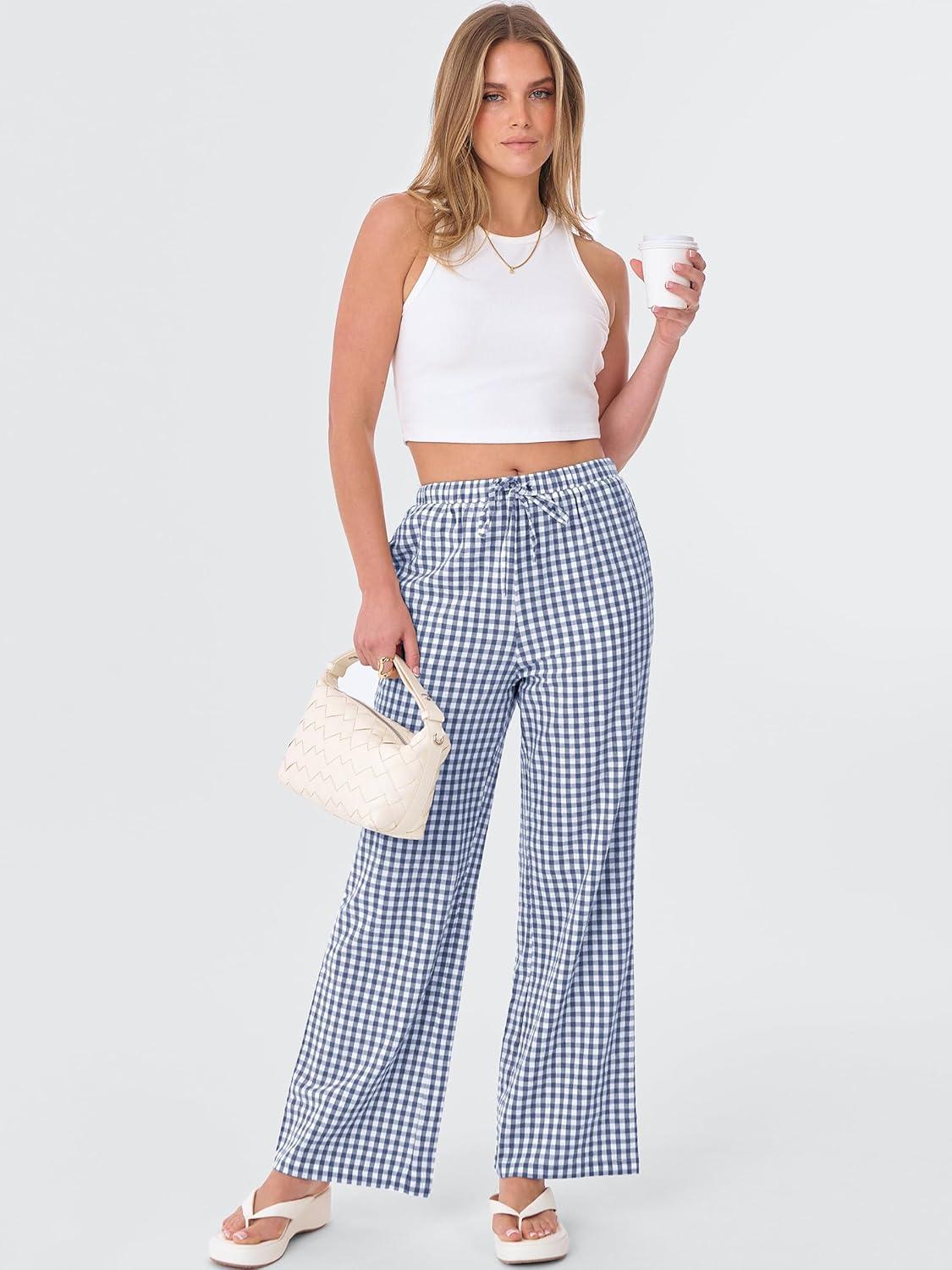 imageANRABESS Womens Striped Gingham Pants 2025 Fall Pajama Lounge Boxer Pants Casual Wide Leg Drawstring PJ Bottoms TrousersBlue White Plaid