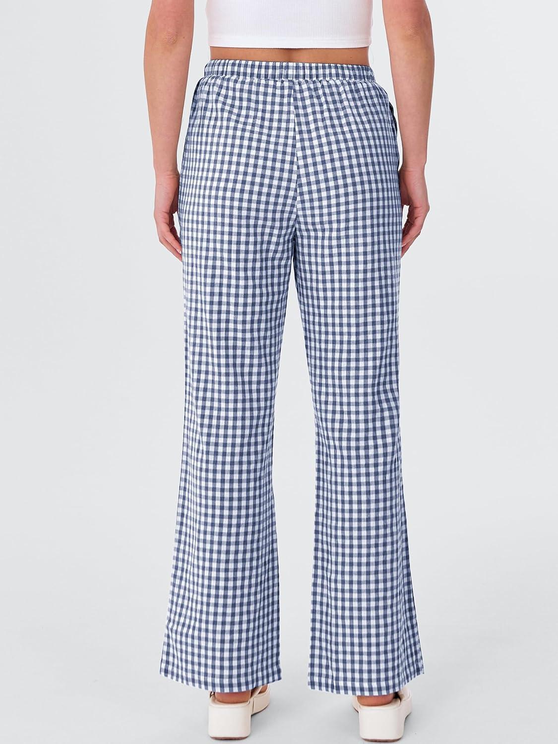 imageANRABESS Womens Striped Gingham Pants 2025 Fall Pajama Lounge Boxer Pants Casual Wide Leg Drawstring PJ Bottoms TrousersBlue White Plaid
