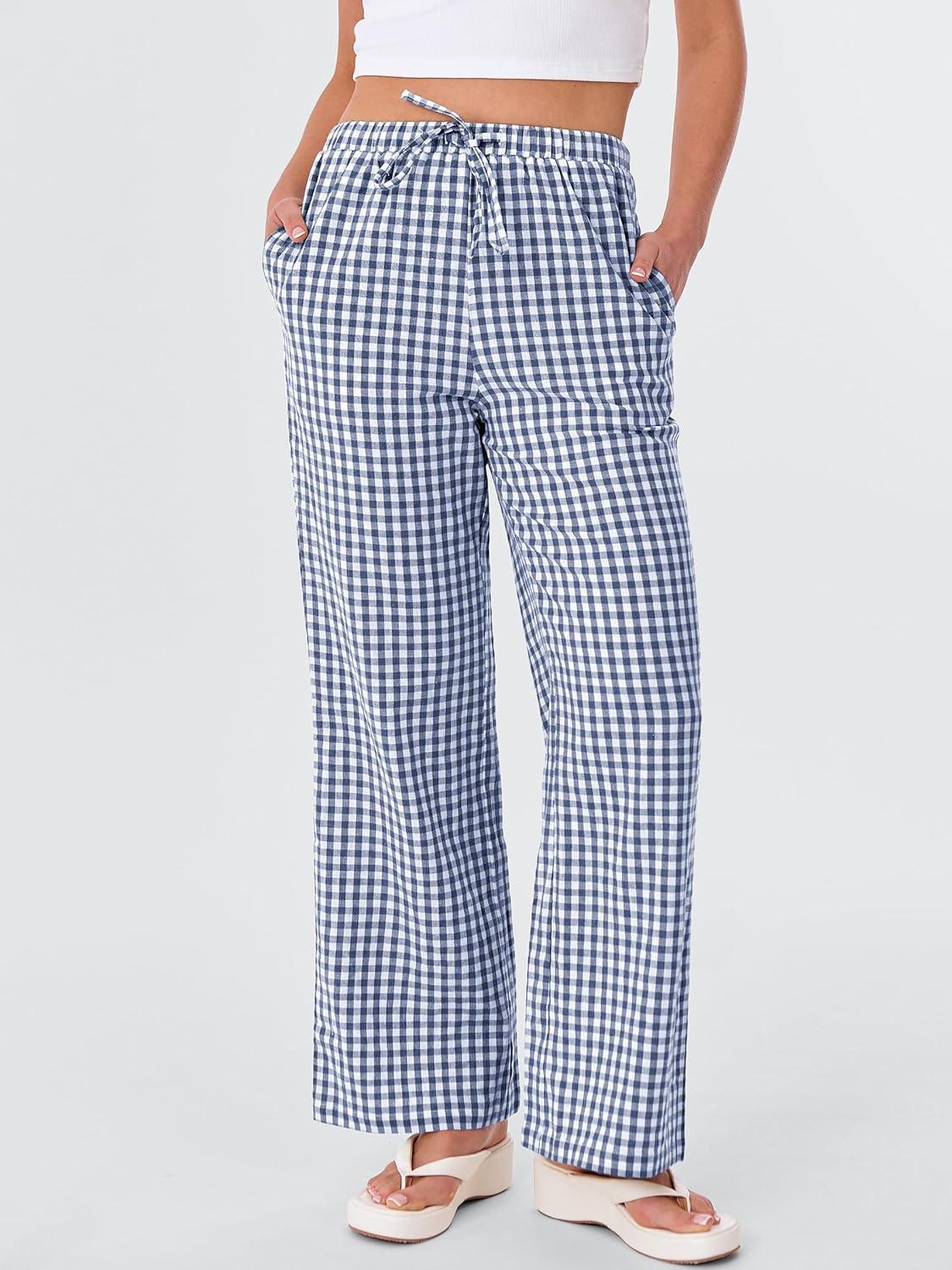 imageANRABESS Womens Striped Gingham Pants 2025 Fall Pajama Lounge Boxer Pants Casual Wide Leg Drawstring PJ Bottoms TrousersBlue White Plaid