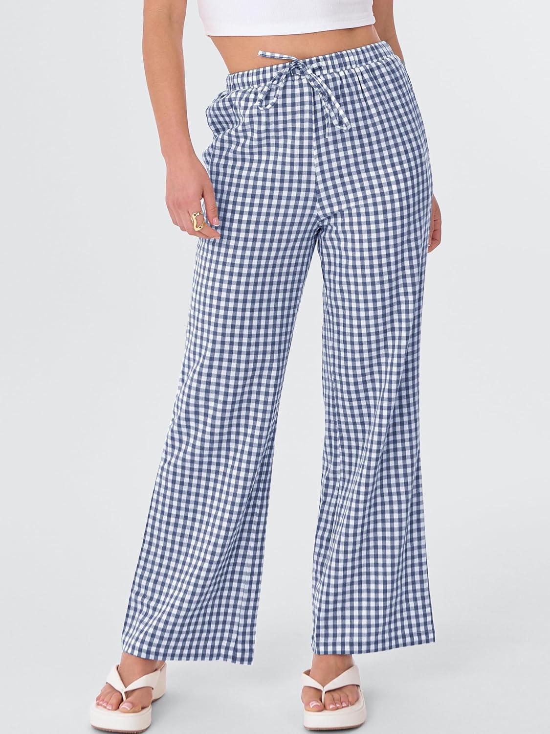imageANRABESS Womens Striped Gingham Pants 2025 Fall Pajama Lounge Boxer Pants Casual Wide Leg Drawstring PJ Bottoms TrousersBlue White Plaid