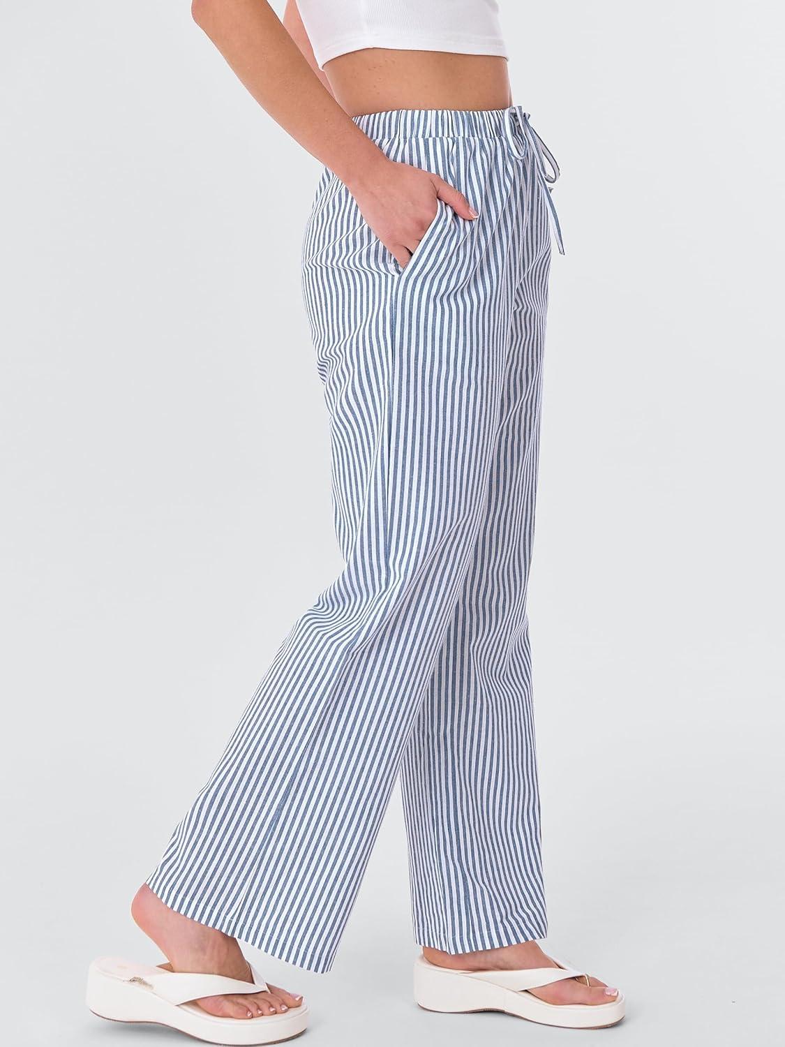 imageANRABESS Womens Striped Gingham Pants 2025 Fall Pajama Lounge Boxer Pants Casual Wide Leg Drawstring PJ Bottoms TrousersBlue White Stripe