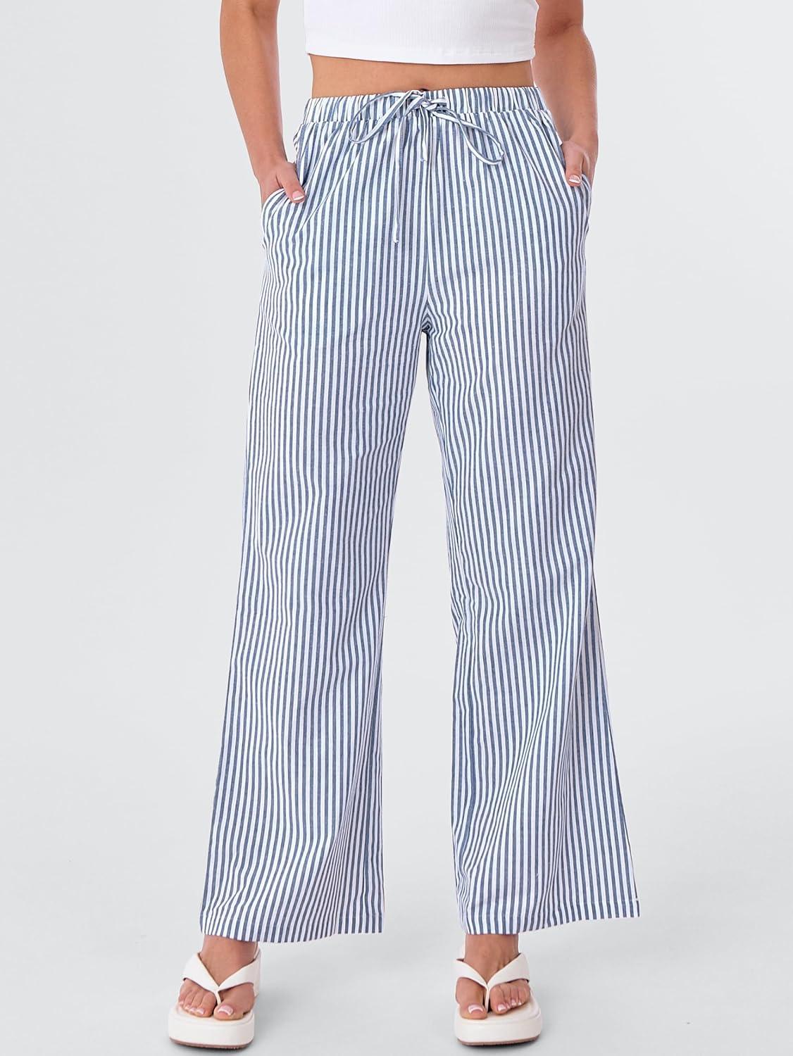 imageANRABESS Womens Striped Gingham Pants 2025 Fall Pajama Lounge Boxer Pants Casual Wide Leg Drawstring PJ Bottoms TrousersBlue White Stripe