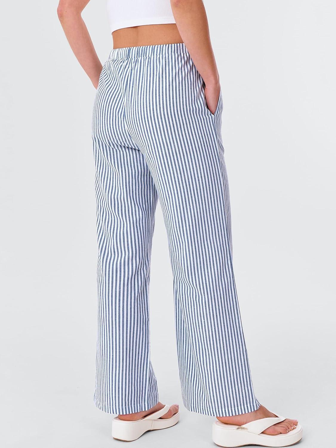 imageANRABESS Womens Striped Gingham Pants 2025 Fall Pajama Lounge Boxer Pants Casual Wide Leg Drawstring PJ Bottoms TrousersBlue White Stripe