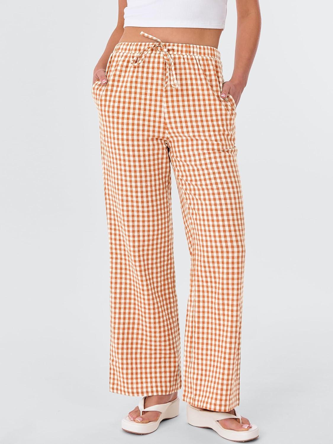 imageANRABESS Womens Striped Gingham Pants 2025 Fall Pajama Lounge Boxer Pants Casual Wide Leg Drawstring PJ Bottoms TrousersOrange White Plaid
