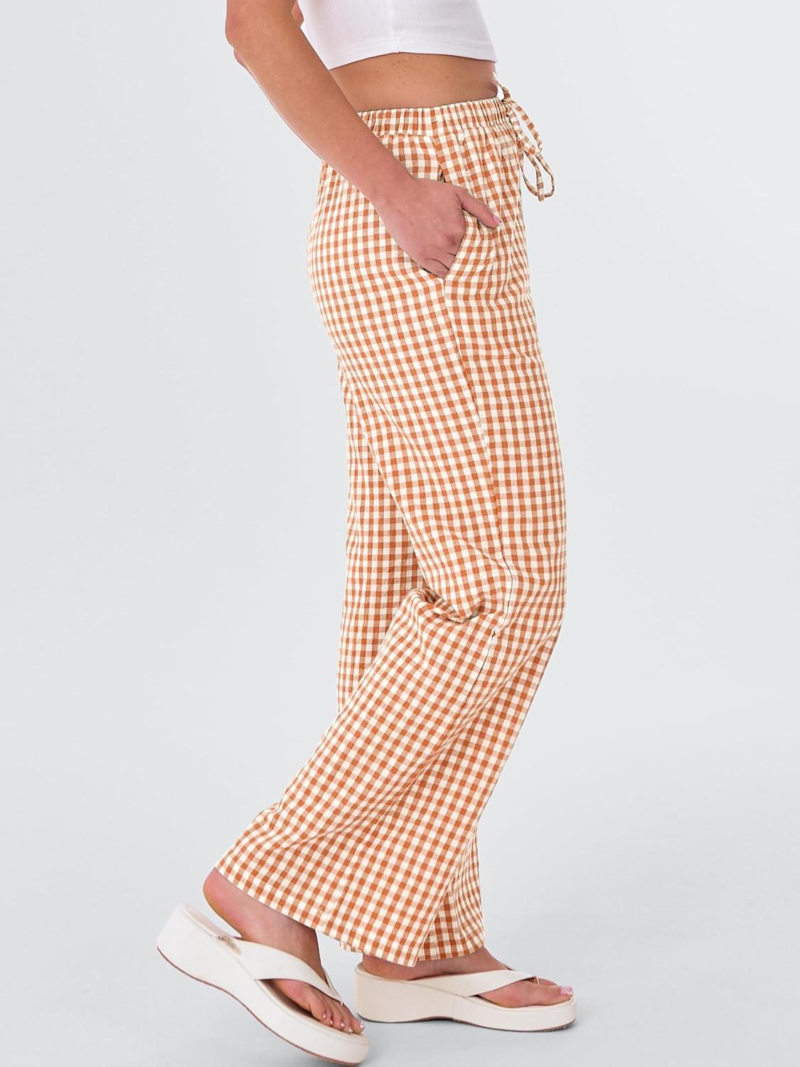 imageANRABESS Womens Striped Gingham Pants 2025 Fall Pajama Lounge Boxer Pants Casual Wide Leg Drawstring PJ Bottoms TrousersOrange White Plaid