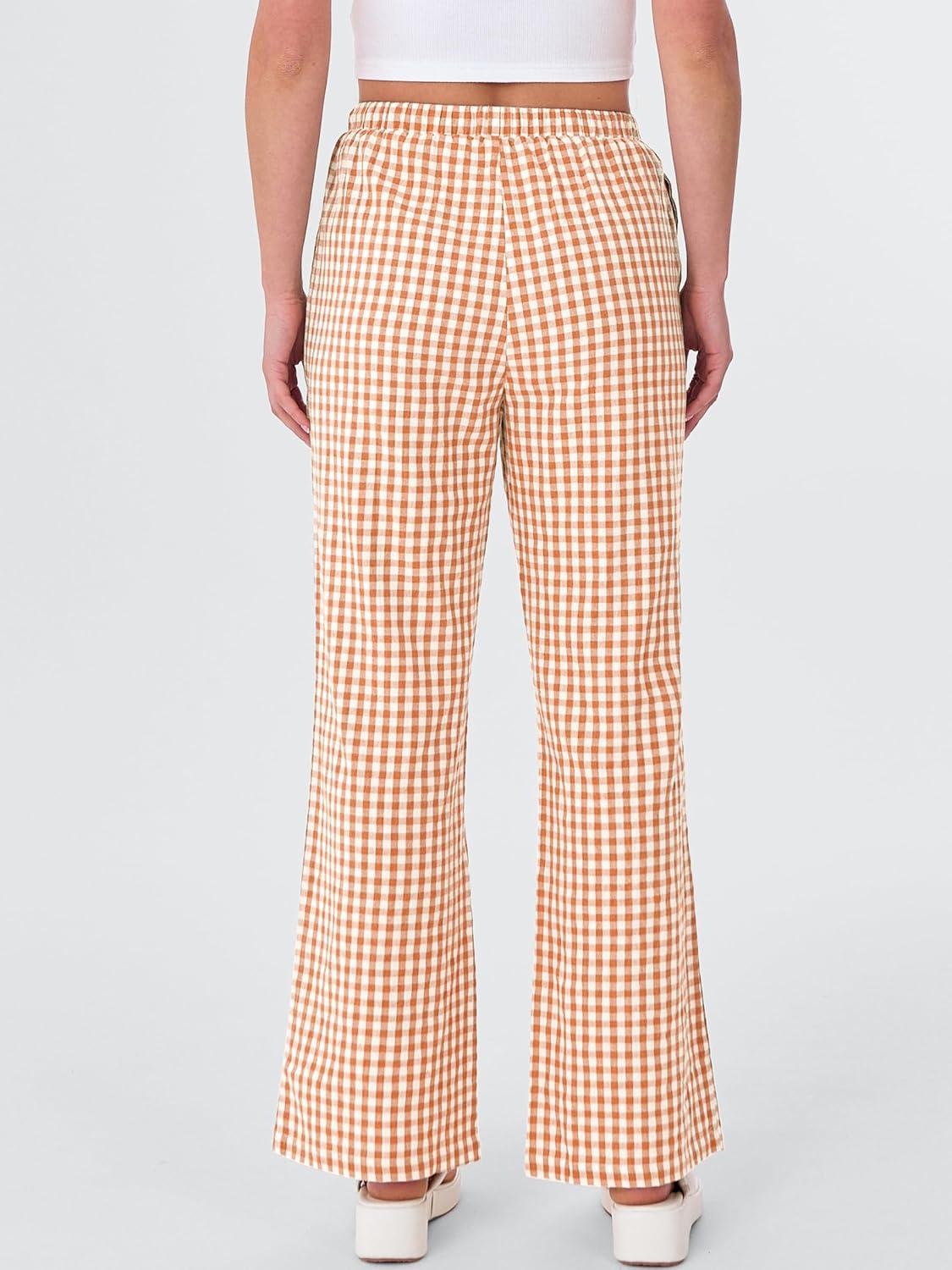 imageANRABESS Womens Striped Gingham Pants 2025 Fall Pajama Lounge Boxer Pants Casual Wide Leg Drawstring PJ Bottoms TrousersOrange White Plaid
