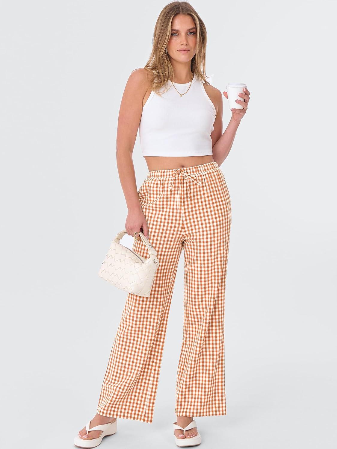 imageANRABESS Womens Striped Gingham Pants 2025 Fall Pajama Lounge Boxer Pants Casual Wide Leg Drawstring PJ Bottoms TrousersOrange White Plaid