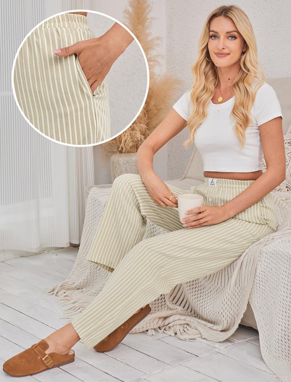 imageANRABESS Womens Striped Gingham Pants 2025 Pajama Lounge Boxer Pants Cute Comfy PJ Bottoms with Pockets Y2K Plaid OutfitsApricot White Wide Stripe