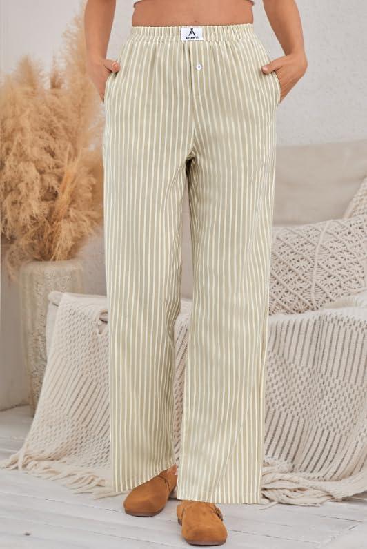 imageANRABESS Womens Striped Gingham Pants 2025 Pajama Lounge Boxer Pants Cute Comfy PJ Bottoms with Pockets Y2K Plaid OutfitsApricot White Wide Stripe