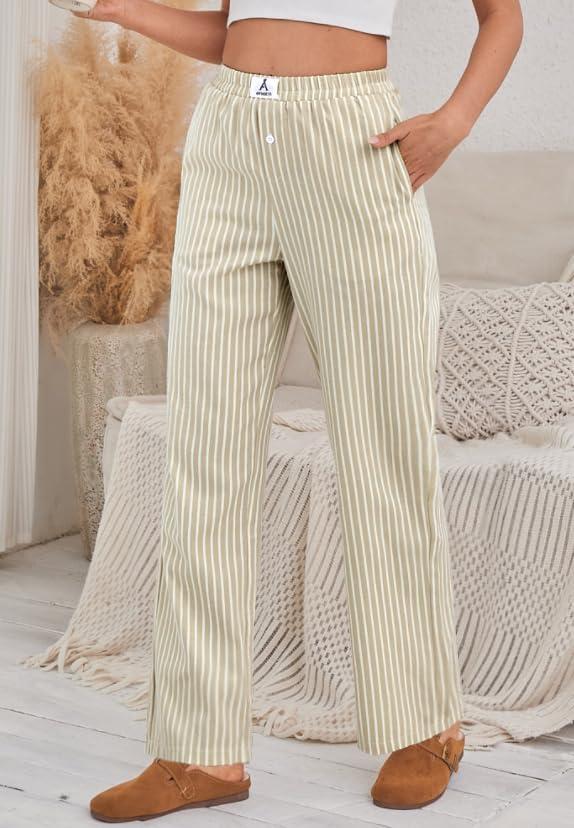 imageANRABESS Womens Striped Gingham Pants 2025 Pajama Lounge Boxer Pants Cute Comfy PJ Bottoms with Pockets Y2K Plaid OutfitsApricot White Wide Stripe