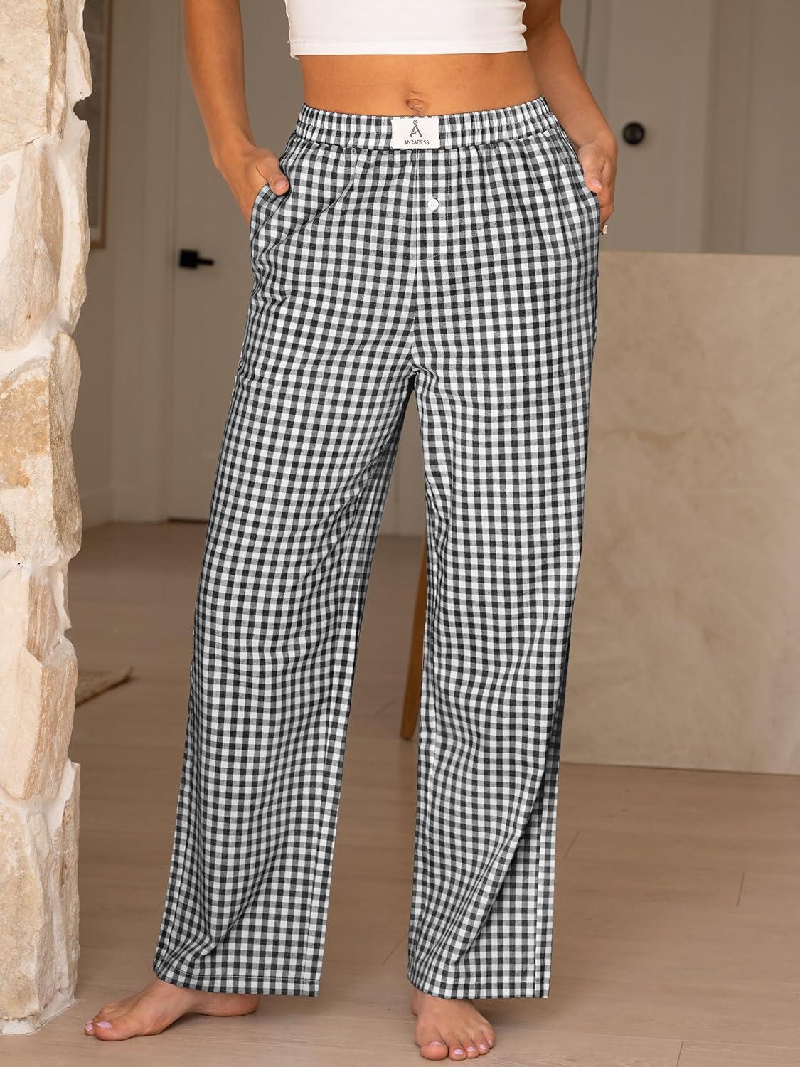 imageANRABESS Womens Striped Gingham Pants 2025 Pajama Lounge Boxer Pants Cute Comfy PJ Bottoms with Pockets Y2K Plaid OutfitsBlack White Plaid