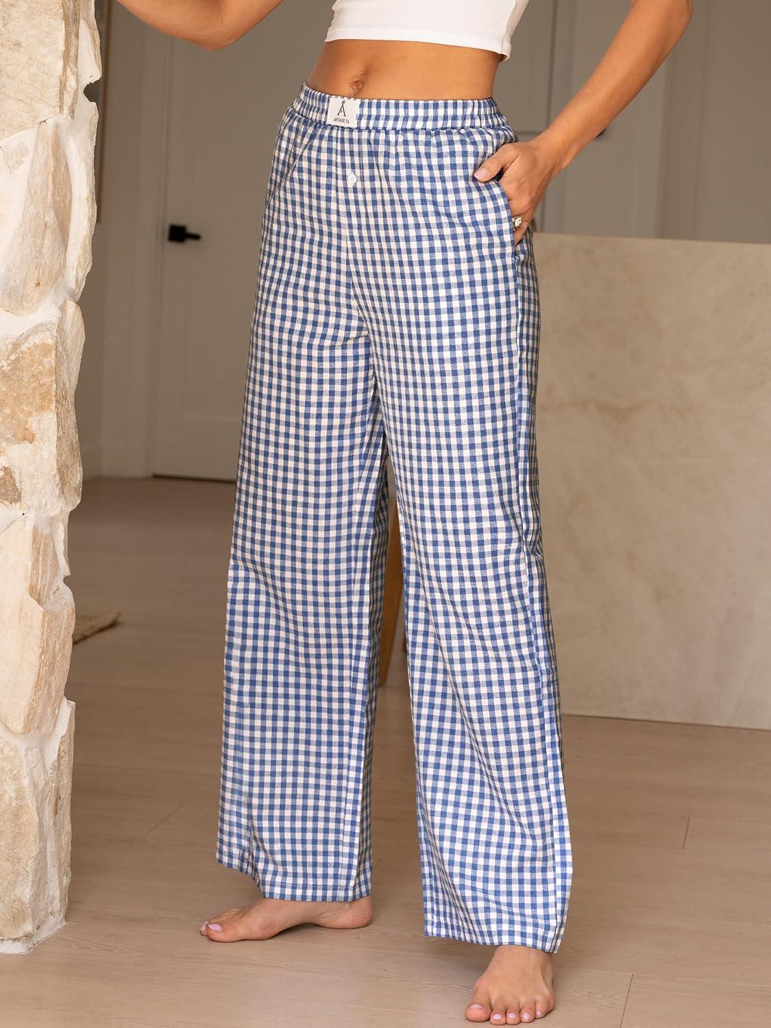 imageANRABESS Womens Striped Gingham Pants 2025 Pajama Lounge Boxer Pants Cute Comfy PJ Bottoms with Pockets Y2K Plaid OutfitsBlue White Plaid