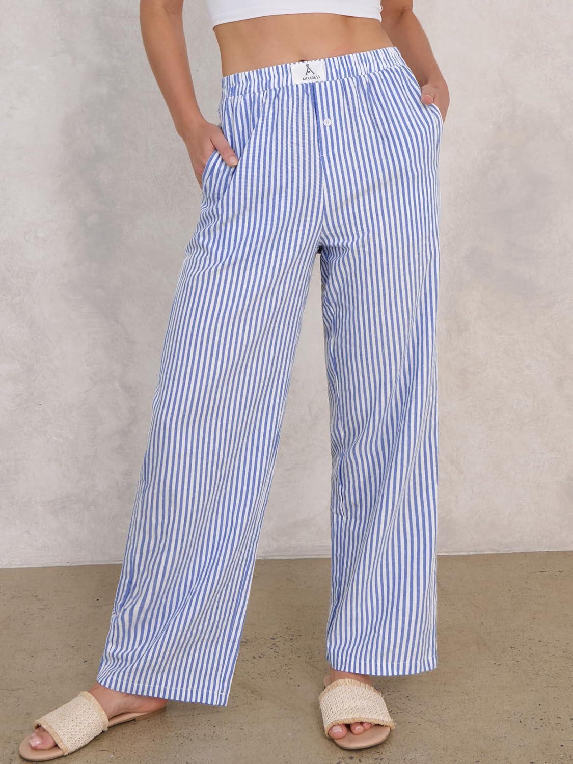 imageANRABESS Womens Striped Gingham Pants 2025 Pajama Lounge Boxer Pants Cute Comfy PJ Bottoms with Pockets Y2K Plaid OutfitsBlue White Stripe