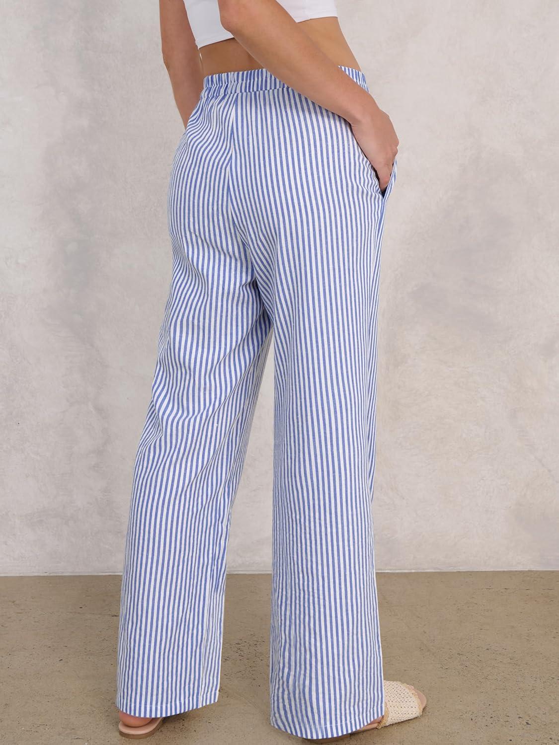 imageANRABESS Womens Striped Gingham Pants 2025 Pajama Lounge Boxer Pants Cute Comfy PJ Bottoms with Pockets Y2K Plaid OutfitsBlue White Stripe