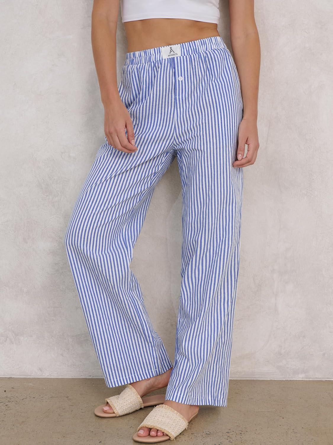 imageANRABESS Womens Striped Gingham Pants 2025 Pajama Lounge Boxer Pants Cute Comfy PJ Bottoms with Pockets Y2K Plaid OutfitsBlue White Stripe