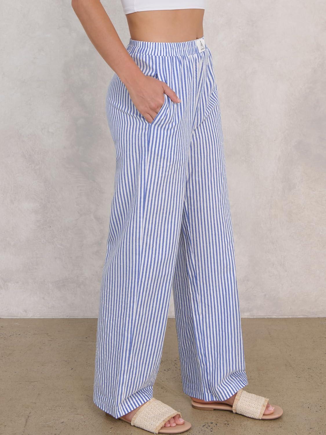 imageANRABESS Womens Striped Gingham Pants 2025 Pajama Lounge Boxer Pants Cute Comfy PJ Bottoms with Pockets Y2K Plaid OutfitsBlue White Stripe