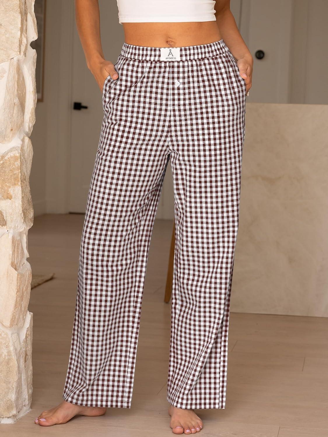 imageANRABESS Womens Striped Gingham Pants 2025 Pajama Lounge Boxer Pants Cute Comfy PJ Bottoms with Pockets Y2K Plaid OutfitsBrown White Plaid