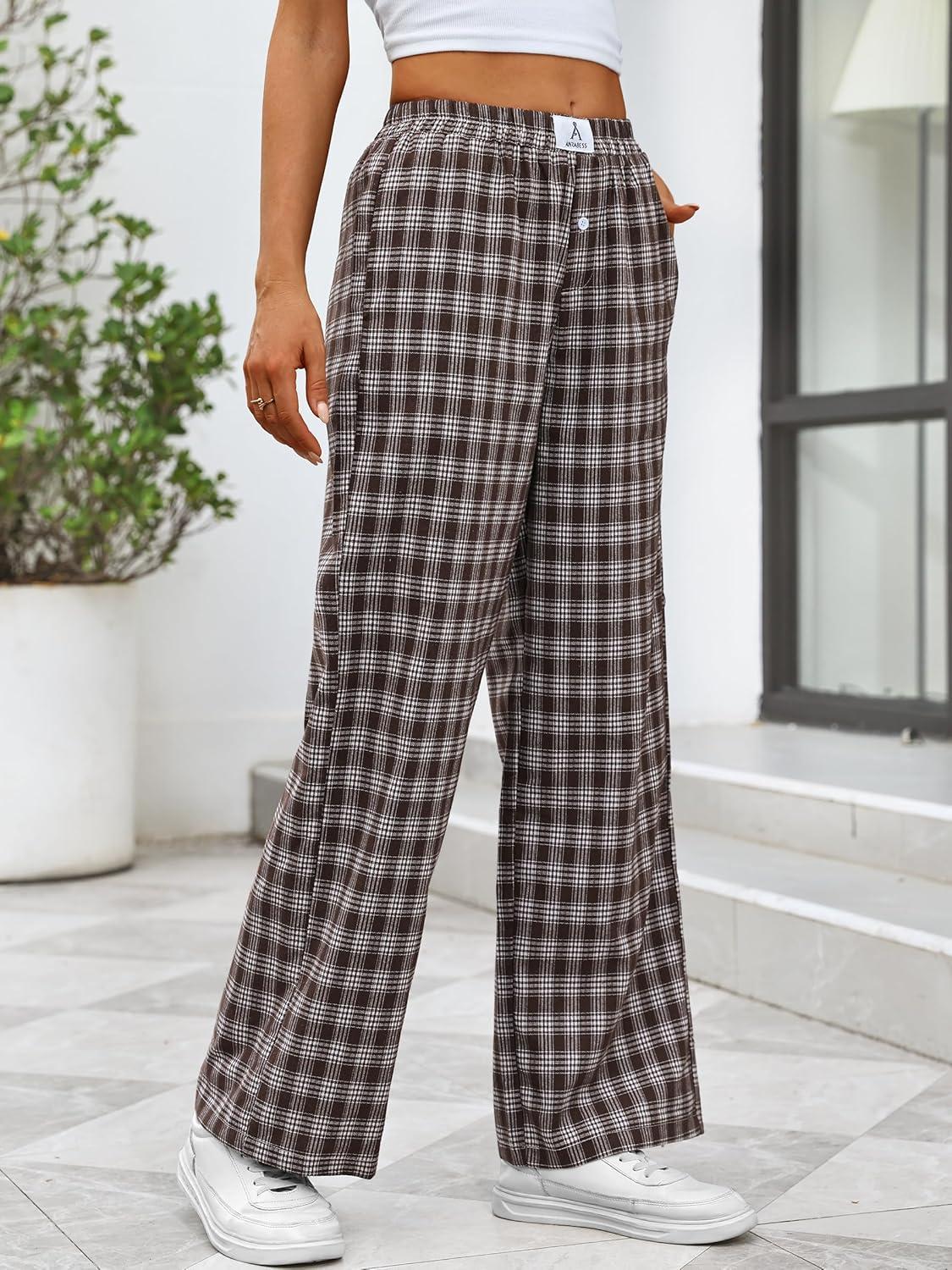 imageANRABESS Womens Striped Gingham Pants 2025 Pajama Lounge Boxer Pants Cute Comfy PJ Bottoms with Pockets Y2K Plaid OutfitsMulti Coffee Plaid