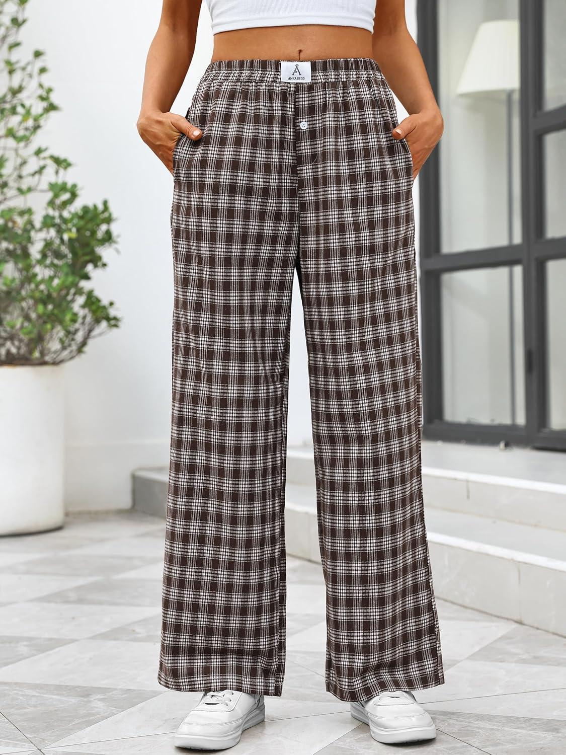 imageANRABESS Womens Striped Gingham Pants 2025 Pajama Lounge Boxer Pants Cute Comfy PJ Bottoms with Pockets Y2K Plaid OutfitsMulti Coffee Plaid