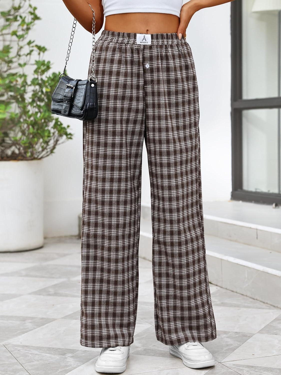 imageANRABESS Womens Striped Gingham Pants 2025 Pajama Lounge Boxer Pants Cute Comfy PJ Bottoms with Pockets Y2K Plaid OutfitsMulti Coffee Plaid